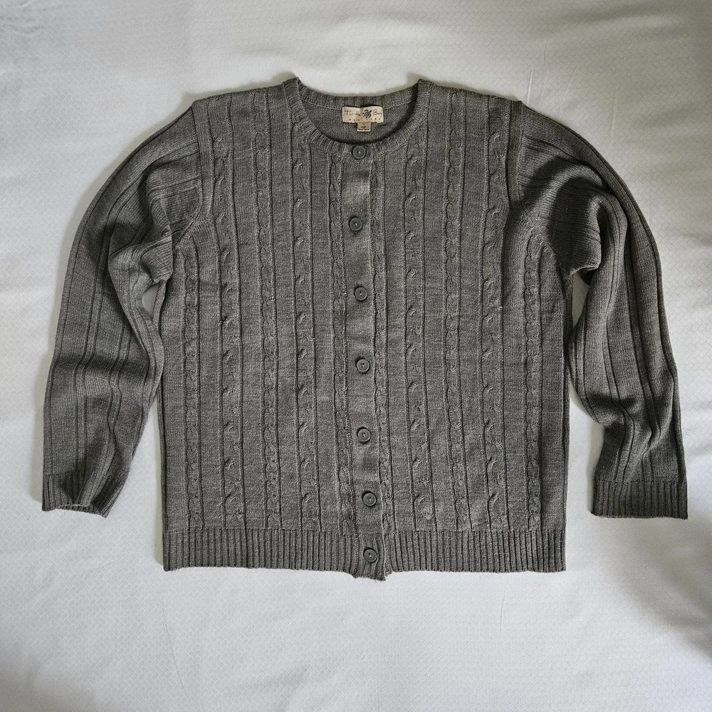 Womens Grey Cable Knit‎ Button Front Cardigan Sweater Large Layering Minimalist